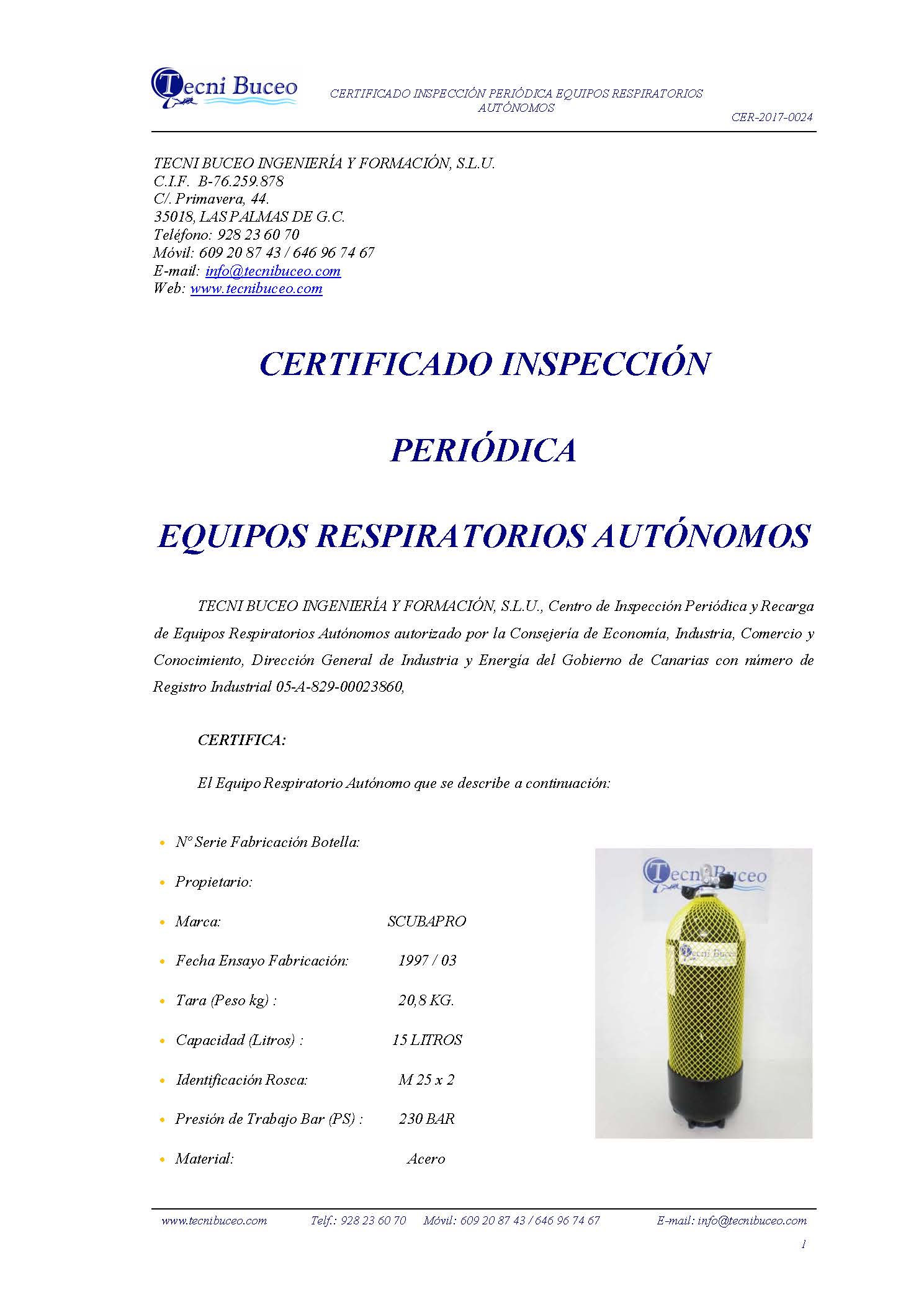 Ejemplo Certificado Inspección Periódica Botella Buceo Tecni Buceo, S.L CER-2017-0024