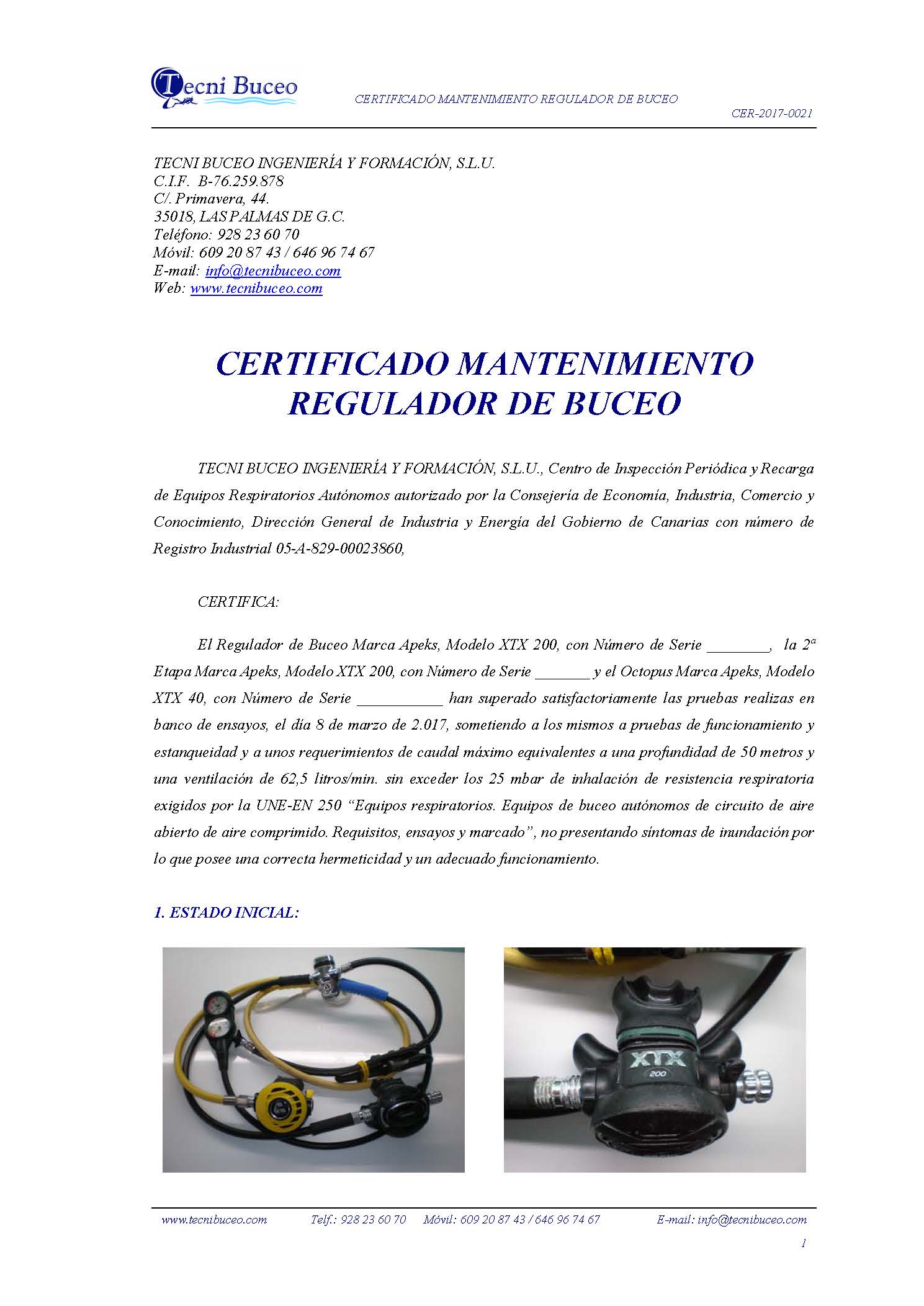 Ejemplo Certificado Mantenimiento Regulador de Buceo Tecni Buceo, S.L CER-2017-0021